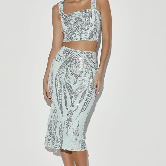 NWT Lulus Beaming Lights Light Blue Sequin Two-Piece Midi Dress - Picture 1 of 8